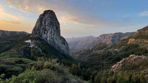 Roque de Agando rock tower at sunrise, Monumento Natural de los Roques, La Gomera, Canary Islands,