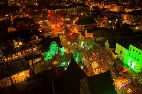 Aerial view of the Christmas market on Ravensburger Platz and Wettinplatz, Coswig, Saxony, Germany,