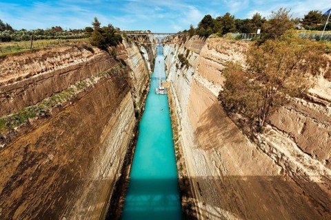 Construction work in the Corinth Canal, restoration after landslide, view of construction cranes,