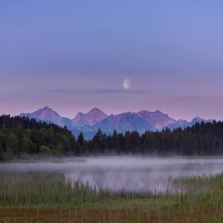 Quiet lake with mountain view in the morning mist, surrounded by forest, moon visible,