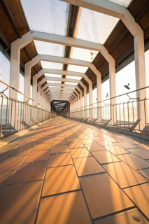 View through a sunny glass corridor with geometric design and flying birds, Sindelfingen railway