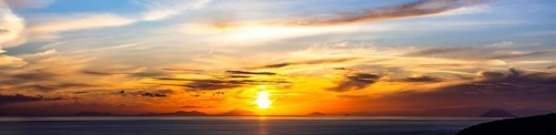 Panorama of Sunset over Aeolian Islands and Stromboli Volcano from Nicotera, Aeolus, Sicily,