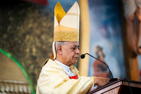 Archbishop John Moolachira leads a prayer during a Christmas day sermon on December 25, 2024 in