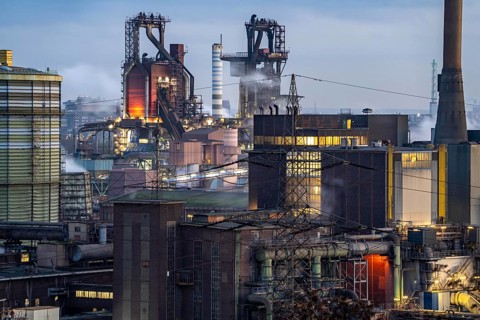 Panorama of the Thyssenkrupp Steel steelworks in Duisburg-Bruckhausen, blast furnaces 8 and 9,