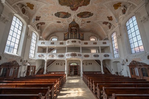 Interior with organ loft of the parish church of St. John the Baptist, built in 1475 as a Gothic