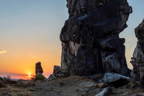 Sunset at the Devil's Wall near Weddersleben, Thale, Harz, Saxony-Anhalt, Germany, Europe