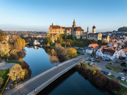 Aerial view of the town of Sigmaringen with the Hohenzollern Castle, a sight and tourist attraction