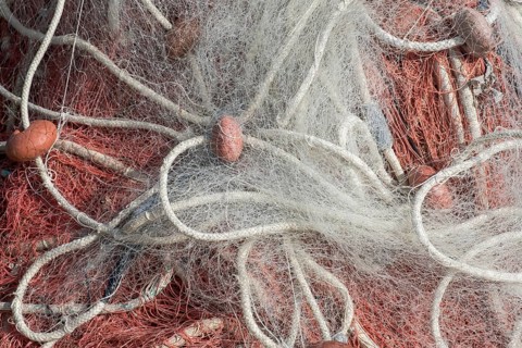 Fishing nets with ropes and floats, harbour, Santa Maria di Leuca, Apulia, Southern Italy, Italy,