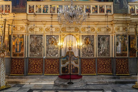 Iconostasis in the interior of the Church of St Nicholas or Agios Nikolaos in Chania, Crete,