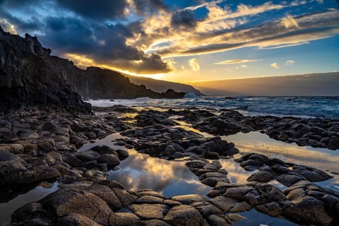 Sunset at the natural swimming pool La Maceta, El Hierro, Canary Islands, Spain, Europe
