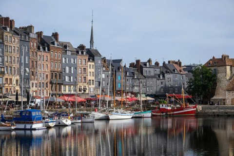Honfleur, Normandy, France - Boats on the Quai Sainte-Catherine in the old harbour, Vieux Bassin,