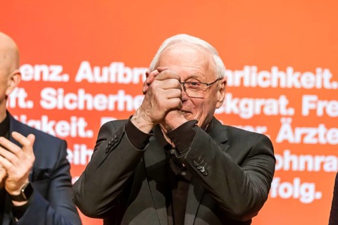 Oskar Lafontaine, portrait. Election event of the Alliance Sahra Wagenknecht party for the 2025