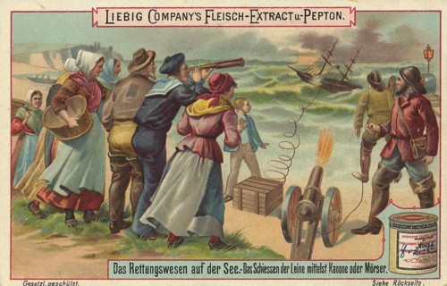 Picture series The rescue system at sea, the firing of the lifeline by means of a cannon or mortar,