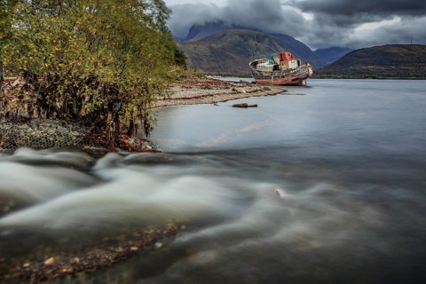Shipwreck, coast, sea, mountains, river, long exposure, cloudy, autumn, Corpach Shipwreck, Corpach,