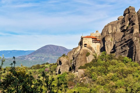Orthodox Monastery of St Nikolaos Anapavsas, Meteora Trail, blue sky, Thessaly, Greece, Europe