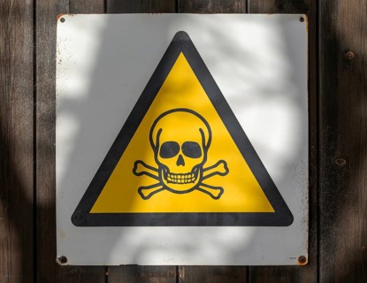 Black triangular yellow infill skull and cross bones danger of death warning sign, UK