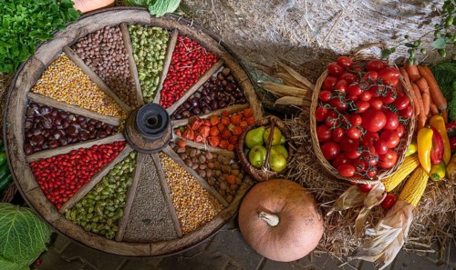 Fruit decorated in and around an old wooden spoked wheel at a harvest festival, Franconia, Bavaria,