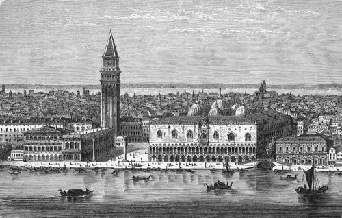 City view of Venice with Doge's Palace, Campanile, National Library and boats on the Grand Canal,