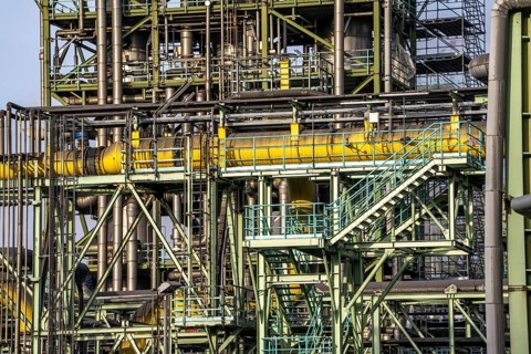 The chemical plants on the white side of the Schwelgern coking plant, which supplies over 2.5