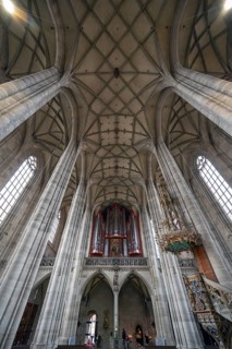 Interior with organ loft, organ built in 1997, late Gothic hall church of St George, Dinkelsbühl,