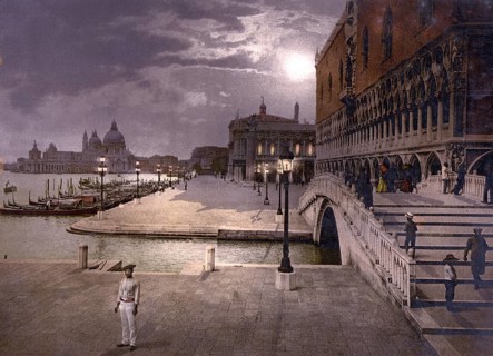 Doge's Palace and St. Mark's by moonlight, Venice, Italy, Historic, digitally restored reproduction