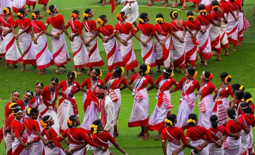 Several thousands of dancers perform traditional Jhumur dance, as they full dress rehearse on the