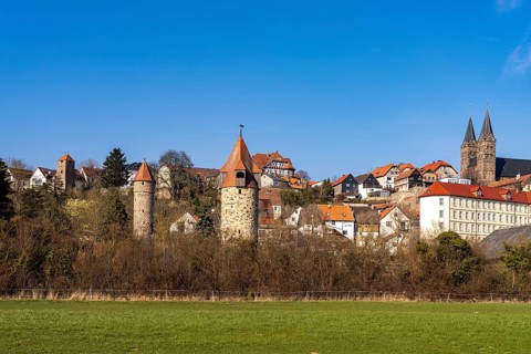 Town view with towers of the town wall and St Peter's Cathedral, Fritzlar, Schwalm-Eder district,