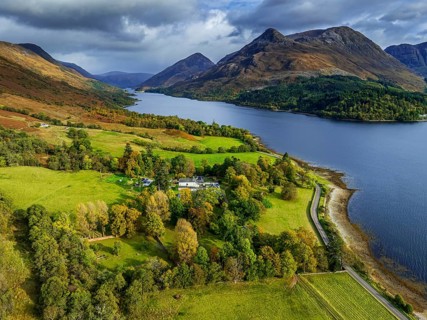 Fjord, coast, mountain landscape, cultural landscape, autumn, clouds, aerial view, Loch Leven,