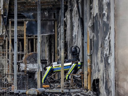 Essen, North Rhine-Westphalia, Germany, major fire in Essen's Weststadt district. The ruins of the