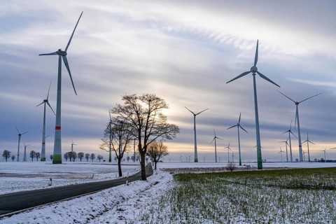 Country road, wind farm, north of Lichtenau, self-proclaimed energy town, over 190 wind turbines