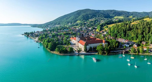 Bräustüberl and Schlosswirtschaft at Tegernsee, aerial view, Tegernsee, Bavaria, Germany, Europe