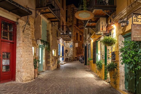 Alley in the old town in the evening, Chania, Crete, Greece, Europe