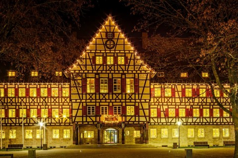 The festively decorated town hall of Münsingen at Christmas time, Swabian Alb, Reutlingen district,