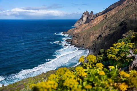The north-west coast of La Gomera with the Playa de Arguamul beach. Mountains, cliffs and steep