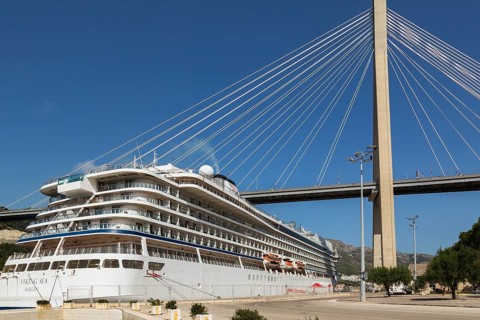 Docked Viking Sea cruise ship and Franjo Tudman bridge, Port of Gruz, Dubrovnik, Croatia, Europe
