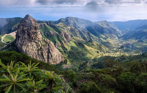 View of the Roque de Agando rock tower and the Barranco de Benchijigua gorge from the Mirador del