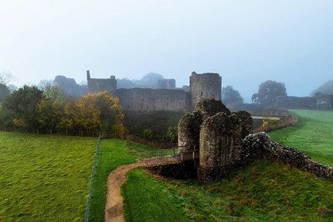 White Castle in the fog at dawn, Monmouthshire, Wales, England, United Kingdom, Europe
