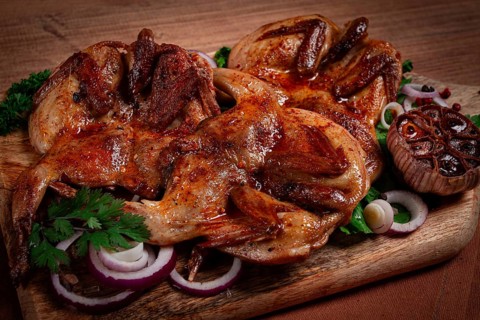 Fried, quail meat, tobacco (tapaka), with spices, homemade, no people
