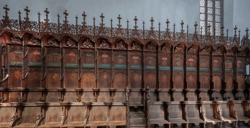 Late Gothic choir stalls from 1507, St Martin, Memmingen, Bavaria, Germany, Europe