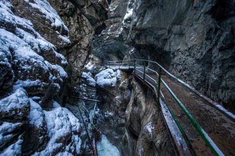 Winter, snowy landscape, river Breitach and hiking trail through the Breitachklamm gorge near