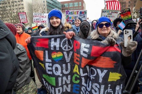 Lansing, Michigan USA - 5 February 2025 - People rally at the Michigan state capitol to oppose