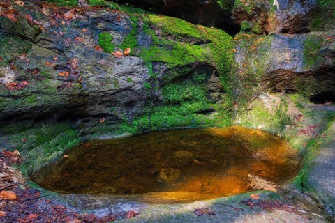 Glacial pothole filled with water at the Schwedenlöcher, a narrow gorge of the Amselgrund near the