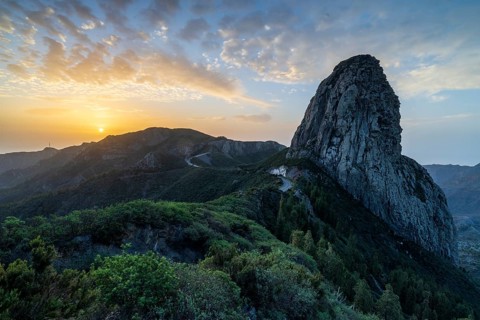 Roque de Agando rock tower at sunrise, Monumento Natural de los Roques, La Gomera, Canary Islands,