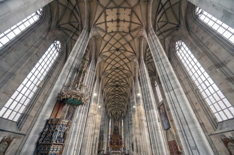Reticulated vault with chancel of the late Gothic hall church of St George, Dinkelsbühl, Bavaria,