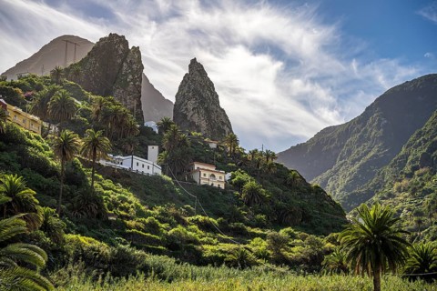 Twin rocks Roques de San Pedro, landmark of Hermigua, La Gomera, Canary Islands, Spain, Europe