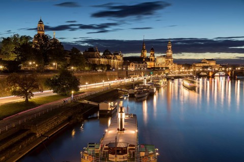 City view with Elbe in the evening, paddle steamer on the Terrassenufer, Dresden, Saxony, Germany,