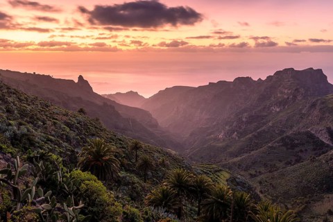 View of the Barranco Juan de Vera at sunrise. Mountains, palm trees, rocks and sea. Near Mirador
