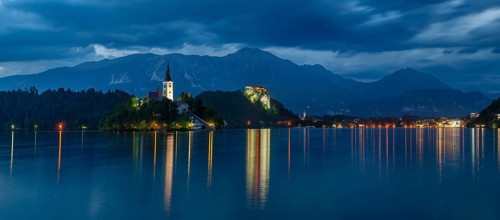 Castle and St Mary's Island with St Mary's Church, Lake Bled, Bled, Slovenia, Europe