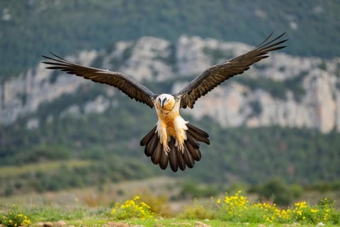 Bearded Vulture (Gypaetus barbatus) adult bird in flight with mountains in the backround, Pyrenees,
