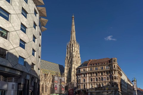 St Stephen's Cathedral and Haus Zum goldenen Becher in Vienna, Austria, Europe